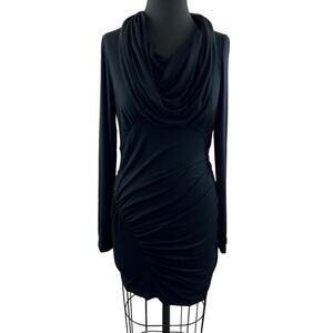 CAVI Womens Black Cowl Neck Long Sleeve Ruched Bodycon Mini Dress Size M